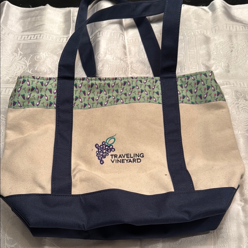 Blue and Cream Canvas Tote Bag with Patterned Accent